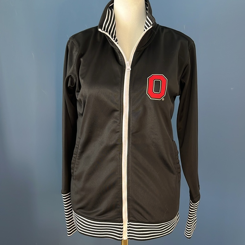 The Ohio State Univ black zip jacket , black/white stripe cuff, waist & collar